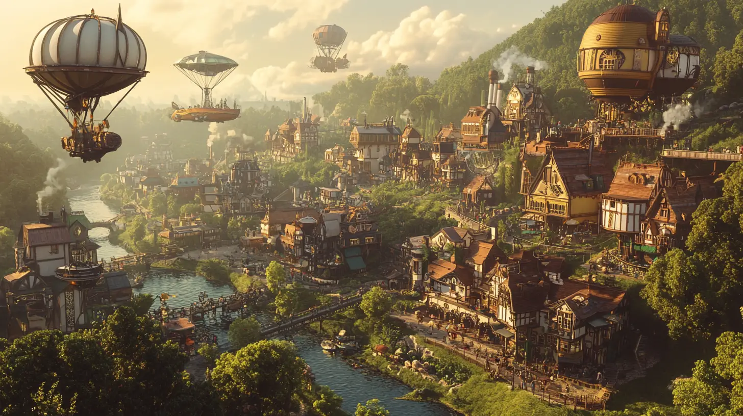 Whimsical Steampunk Town In A Lush Valley At Golden Hour