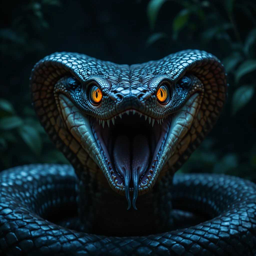 Portrait cinématographique en contre‑plongée d’un cobra dans l’obscurité de la jungle