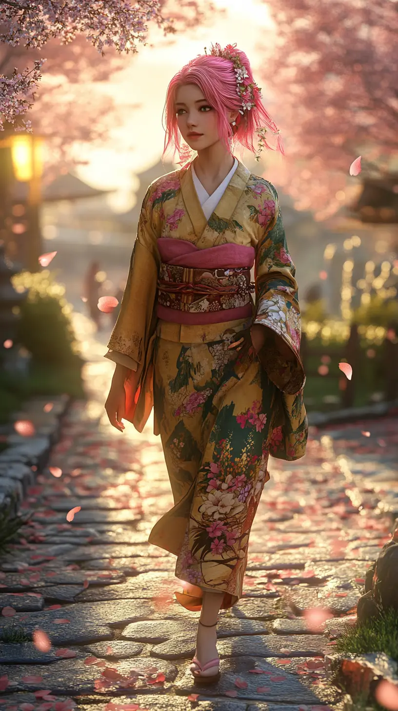 Pink haired girl in kimono in tranquil japanese garden