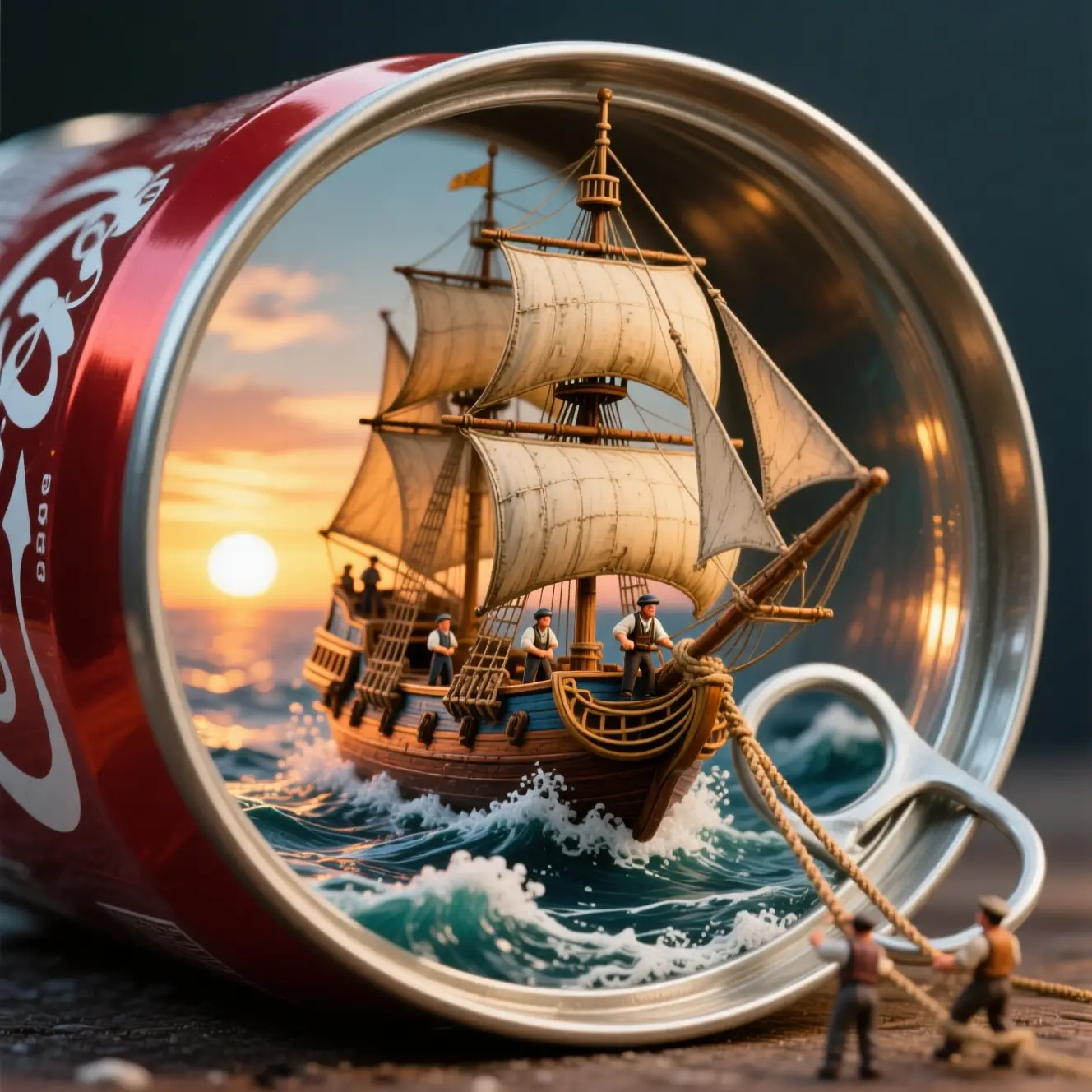 Majestic sailing ship floating inside a vintage soda can
