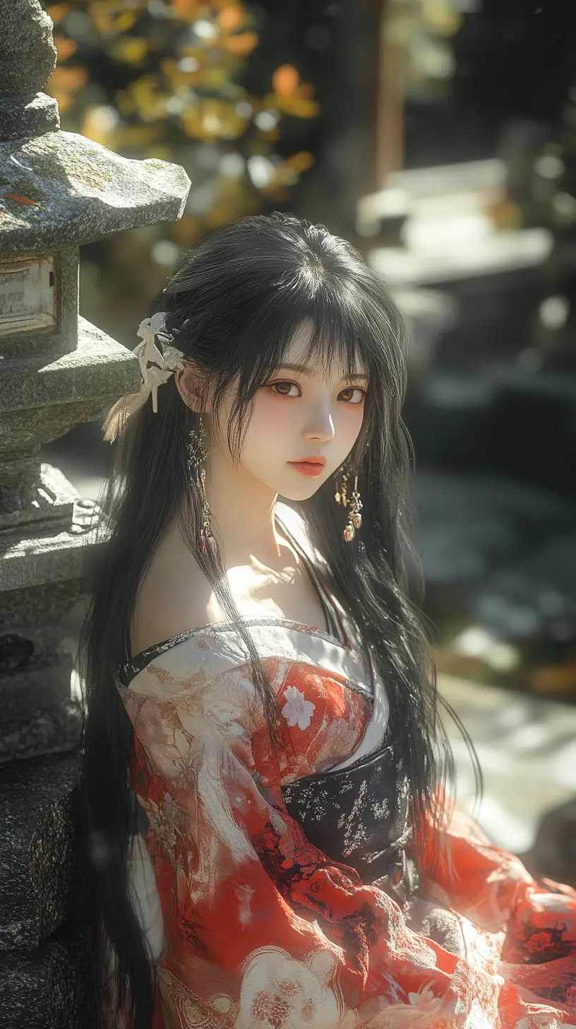 Smiling Japanese girl posing at traditional shrine