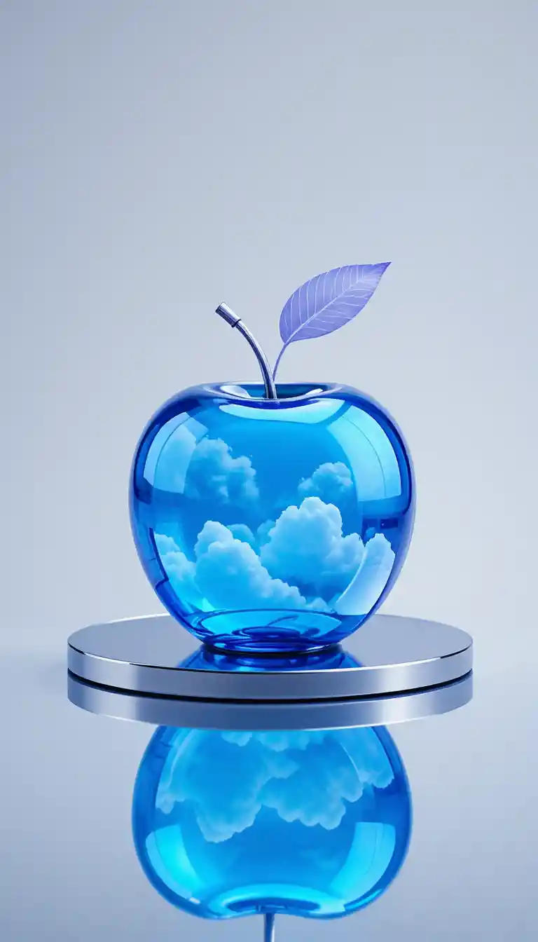 Blue glass apple with clouds on reflective metal table