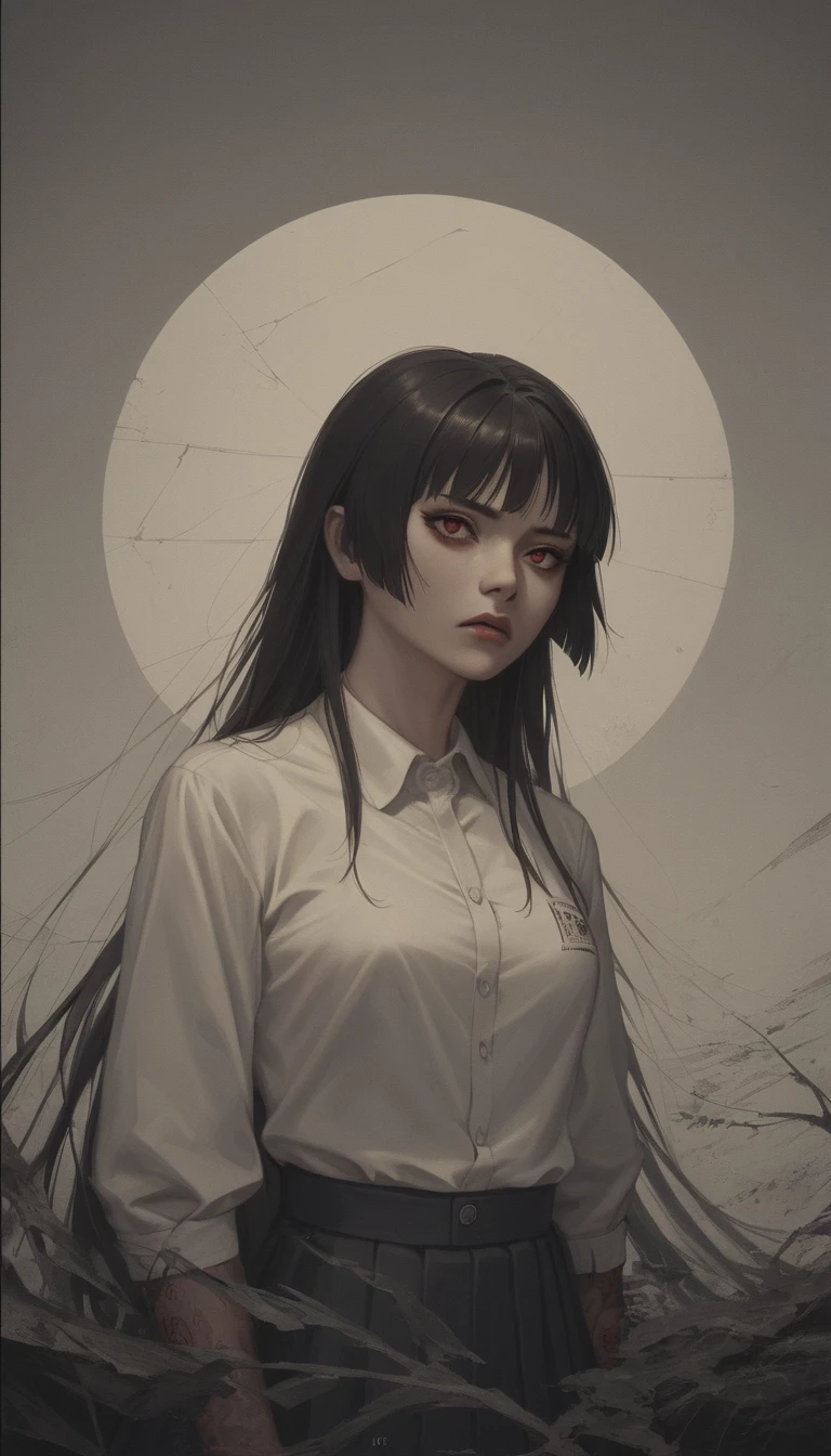 Tattooed Japanese schoolgirl in a harsh school corridor