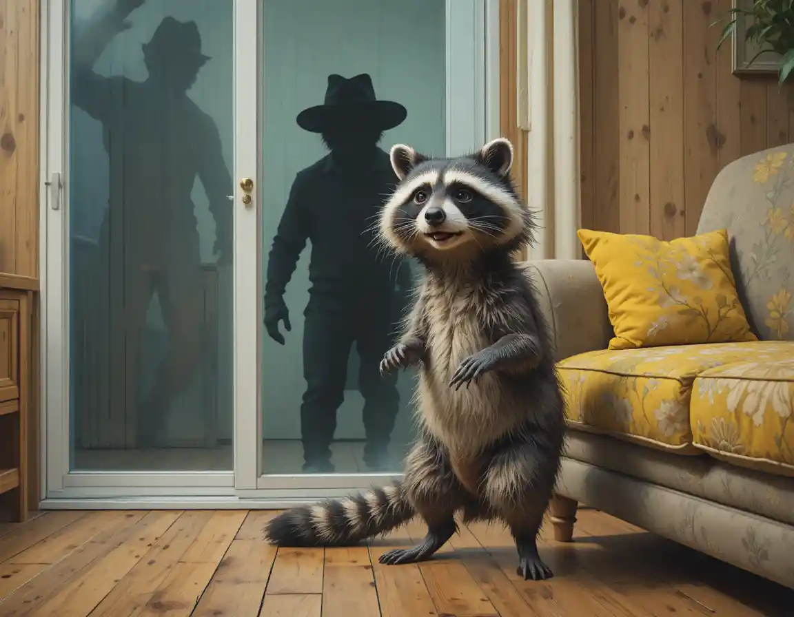 Waschbär auf Holzboden im Schatten vor Glastüren
