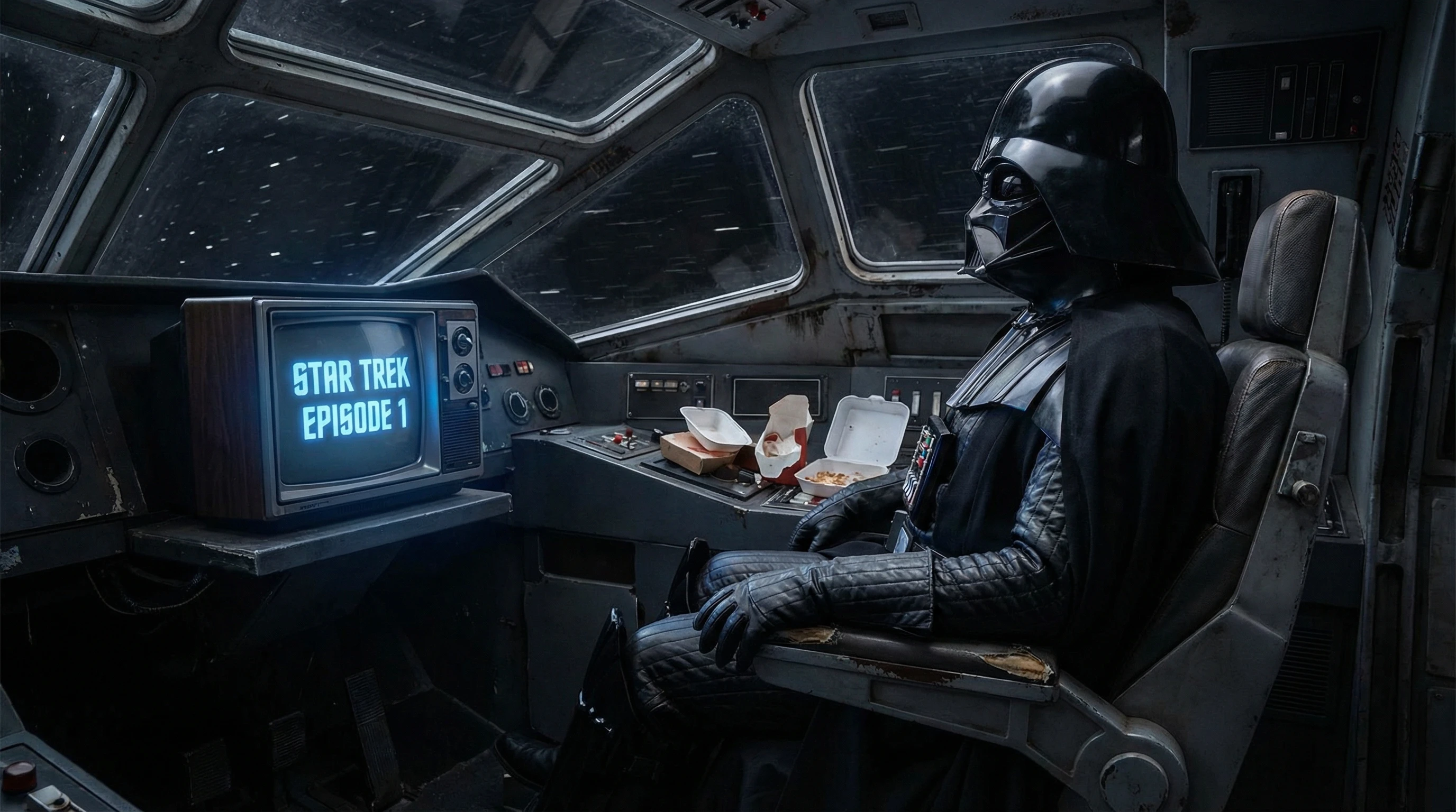 Dark figure watches television inside a futuristic spaceship
