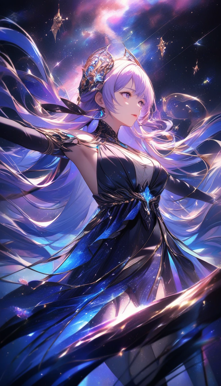 Celestial anime goddess conducting swirling cosmic nebula
