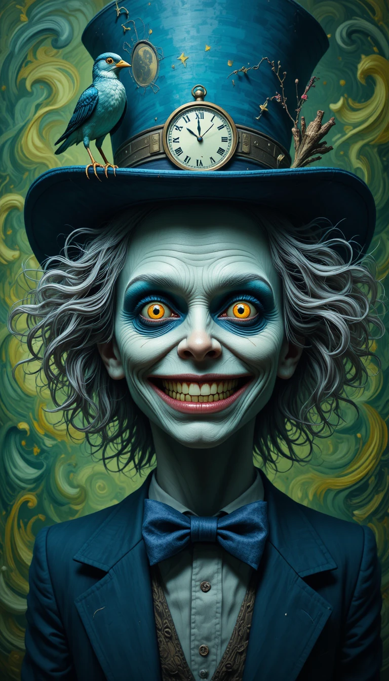 Surreal man in blue top hat with glowing eyes
