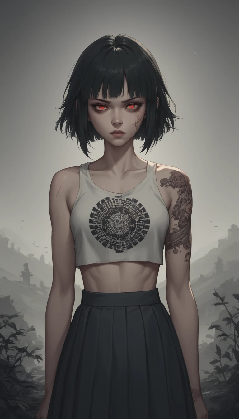 Japanese schoolgirl with tattoos in harsh fluorescent interior