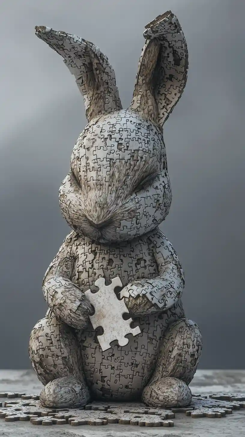 Scultura di coniglio puzzle triste che tiene un pezzo mancante