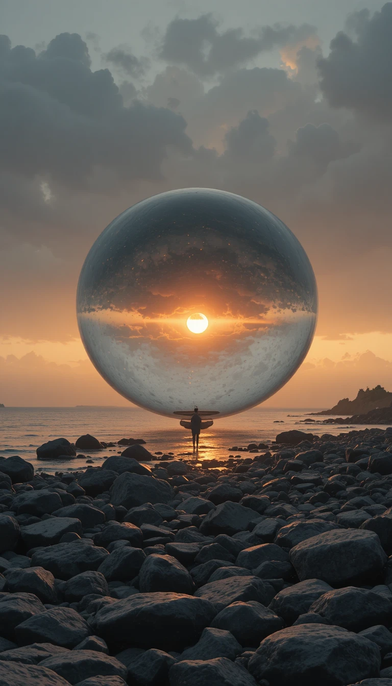 Surreal glasslike orb floating above a dark rocky beach