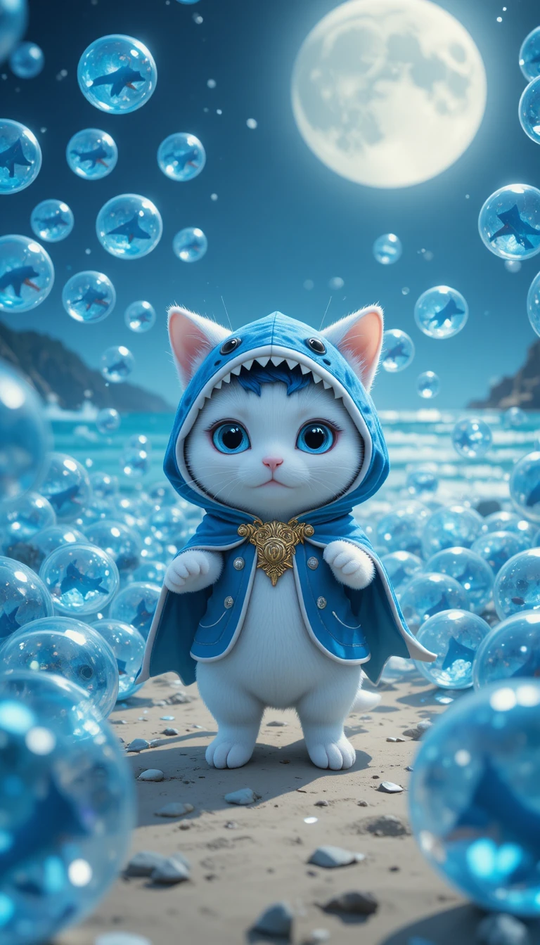 Chibi white cat mage summoning glowing shark orbs at night