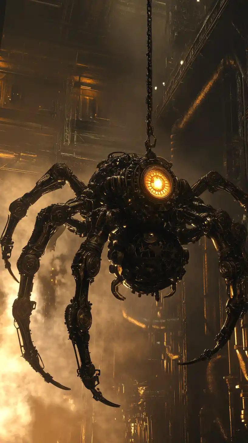 Giant Steampunk Spider In Dark Industrial Workshop
