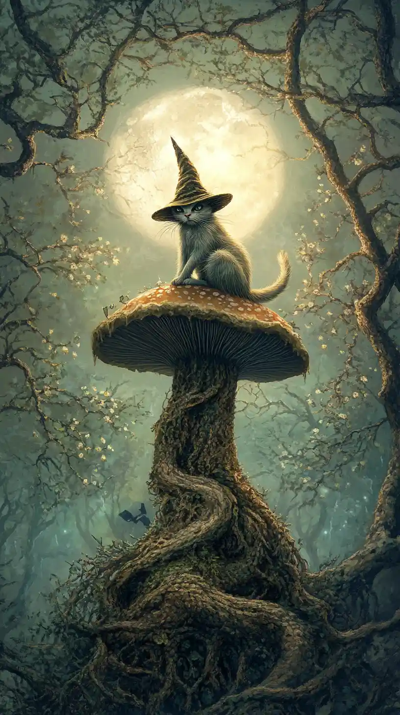 Mystical cat on glowing mushroom in enchanted forest