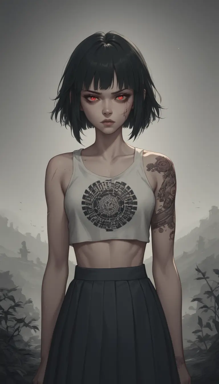 Japanese schoolgirl with tattoos in harsh fluorescent interior