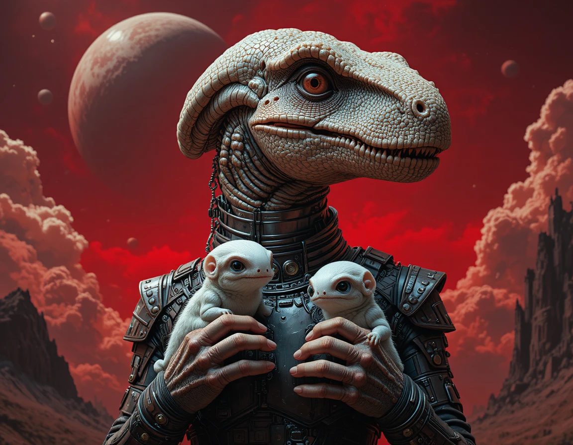 Reptilian humanoid holding two small white creatures