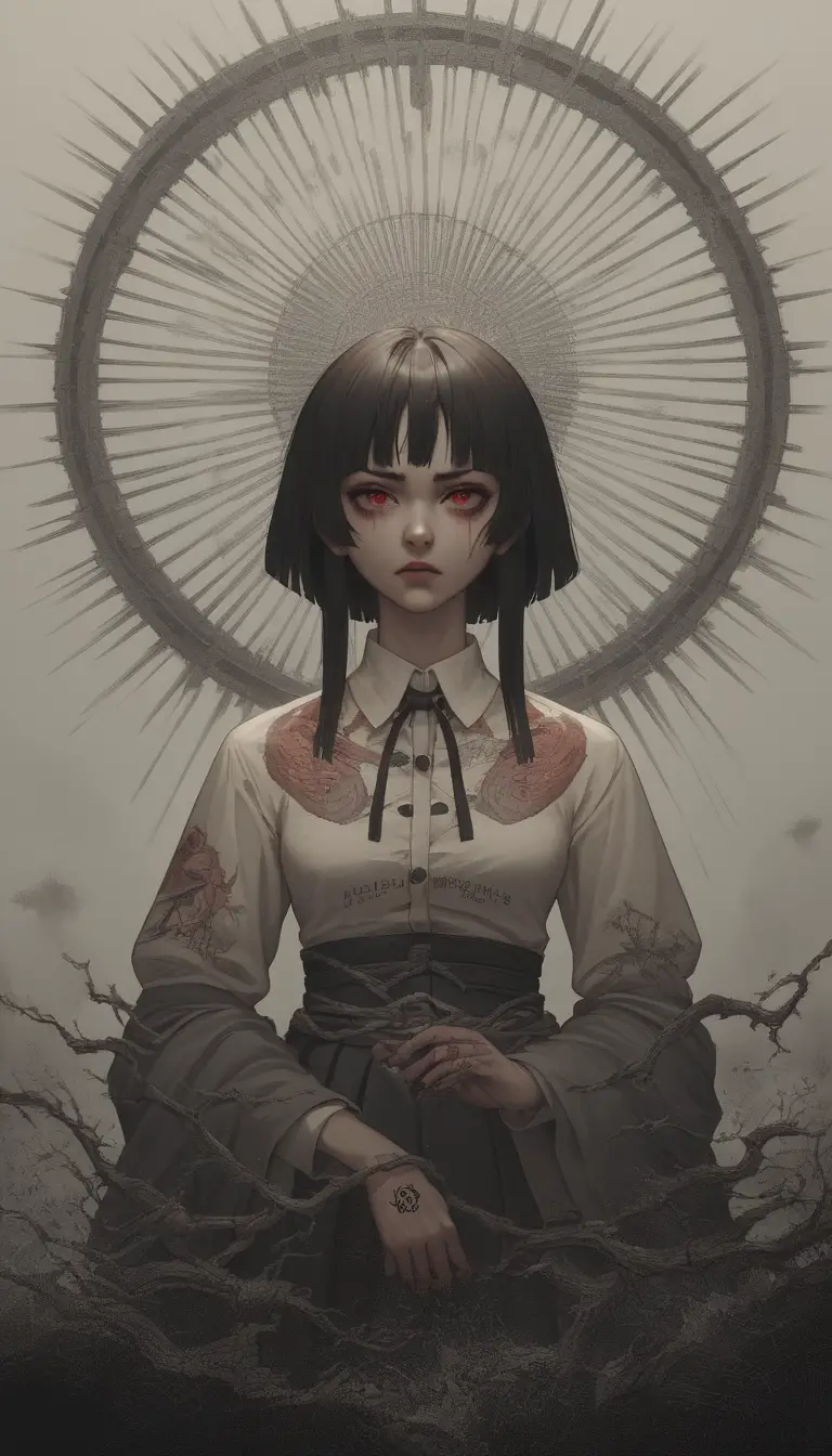 Tattooed Japanese schoolgirl in a harsh authoritarian hallway