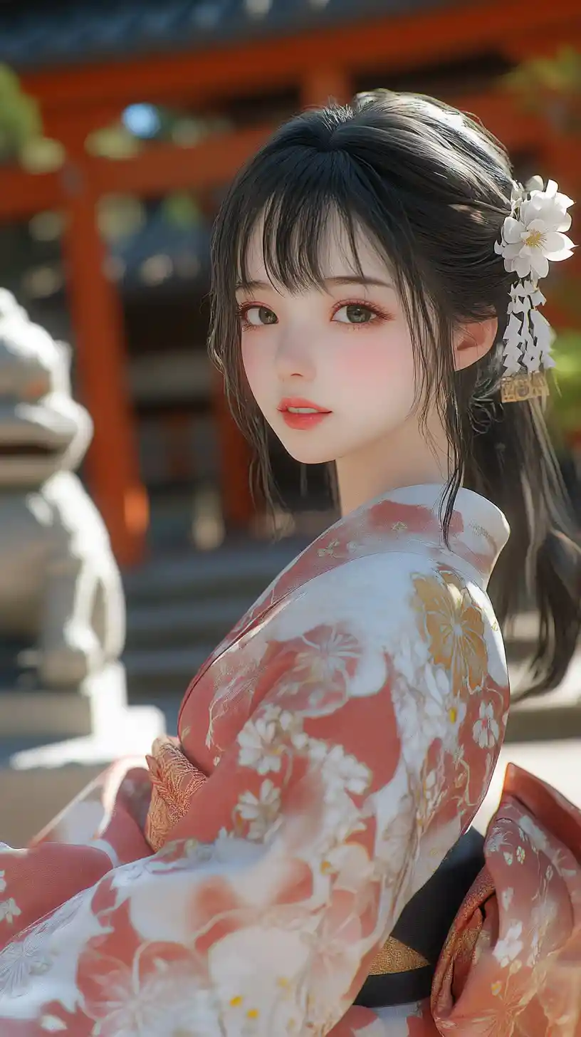 Jeune fille japonaise enjouée posant dans un sanctuaire traditionnel