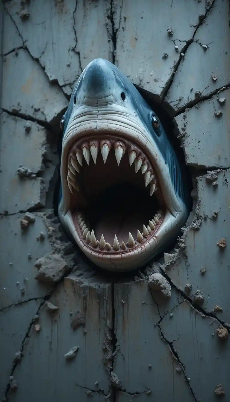 Tête de requin bleu traversant un mur de béton fissuré