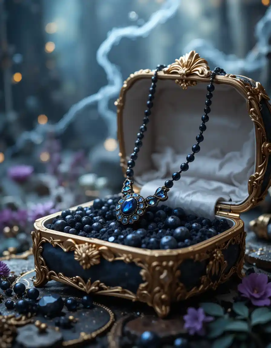 Magische schwarze Halskette in einer goldenen Fantasy-Schmuckschatulle