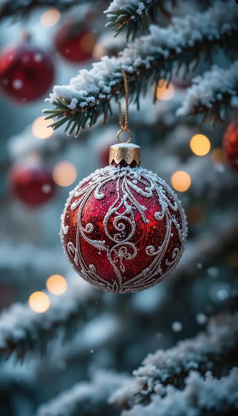 Close up red Christmas bauble on snowy spruce branch
