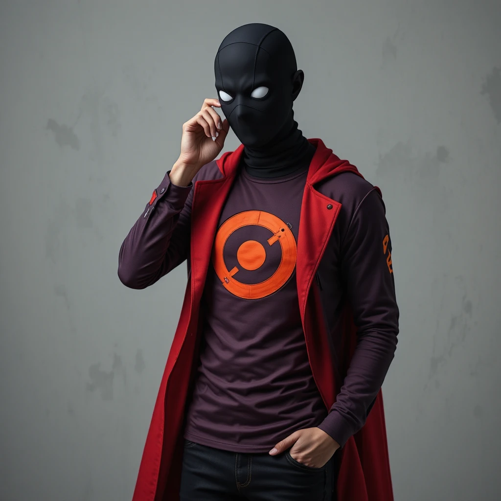 Uomo anime con maschera nera, giacca rossa e cuffie