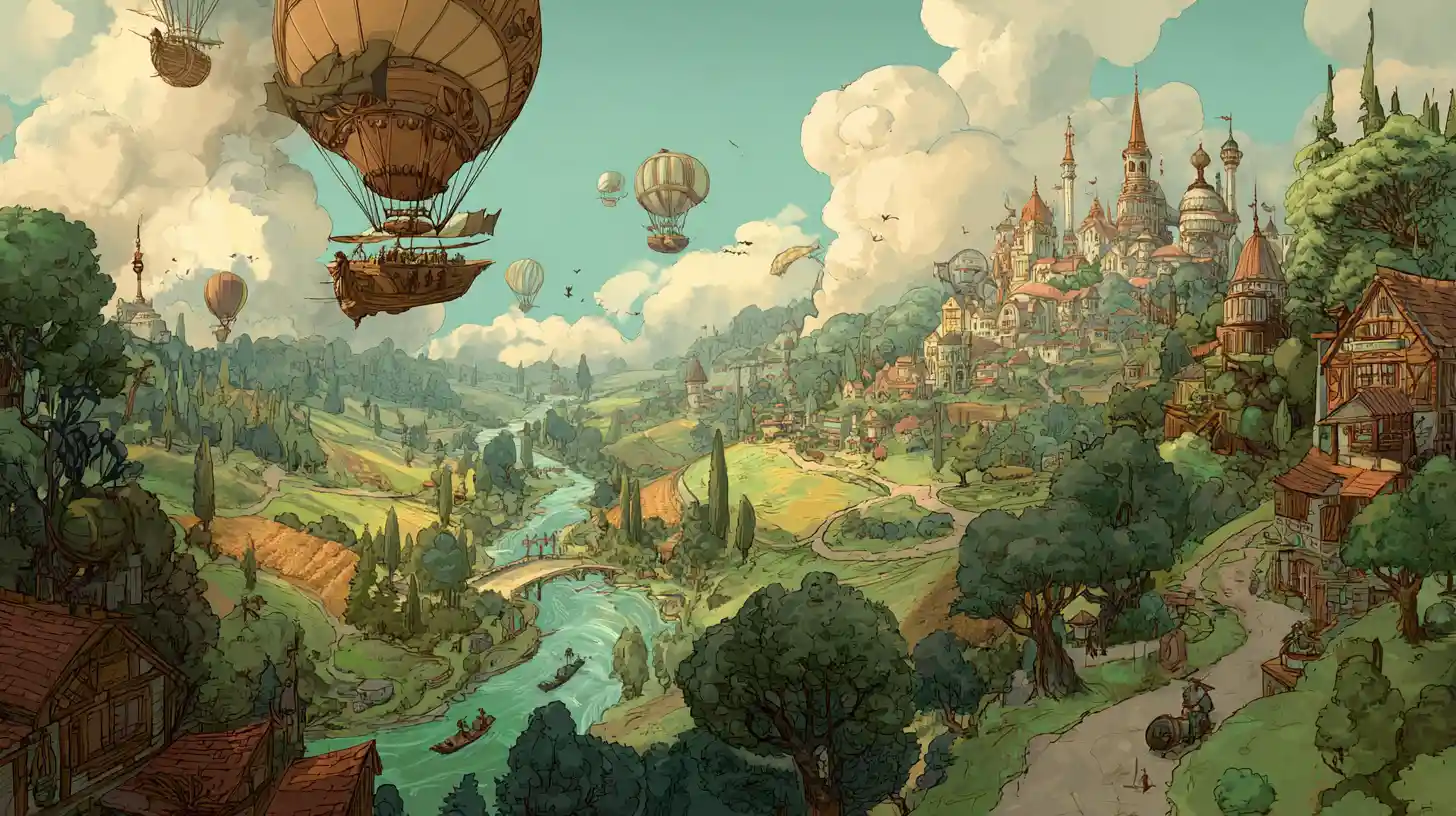Encantadora cidade steampunk em um vale verdejante banhado de sol