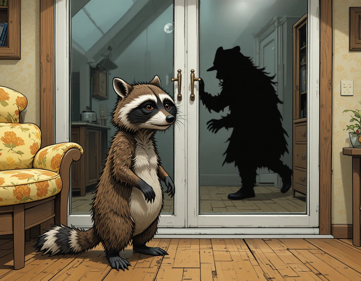 Zottiger Waschbär auf dem Wohnzimmerboden nahe der Glastüren