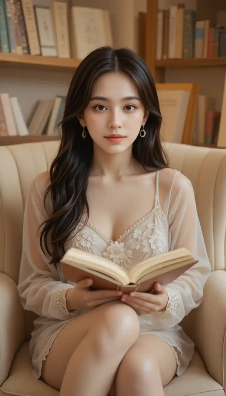 Young woman reading in a cozy armchair nook