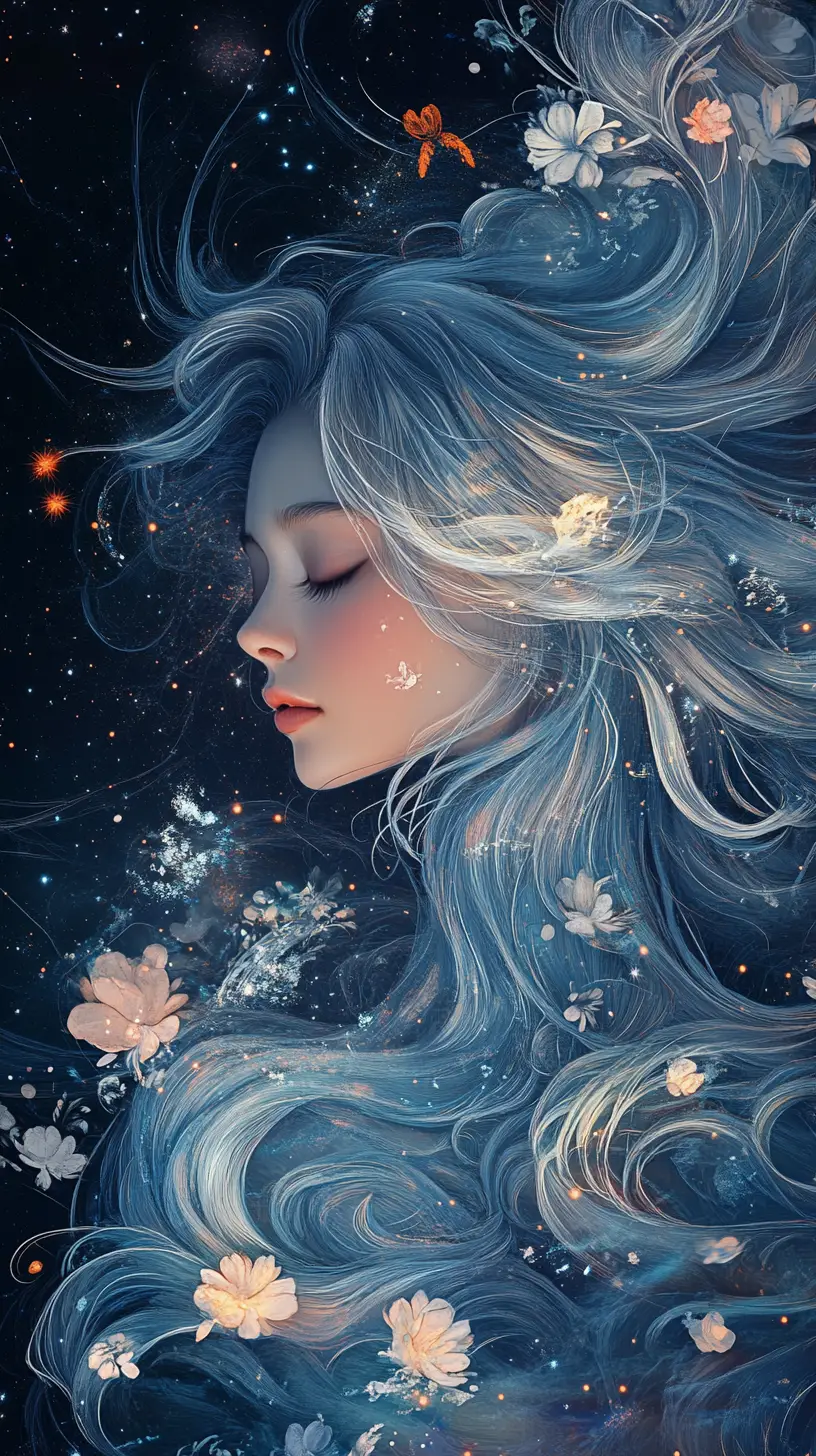 Ethereal silver haired goddess in swirling cosmic dust