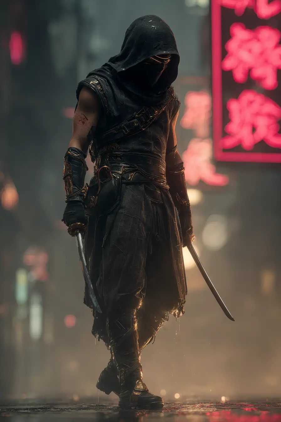 Lone hooded assassin in neon city rain soaked alley