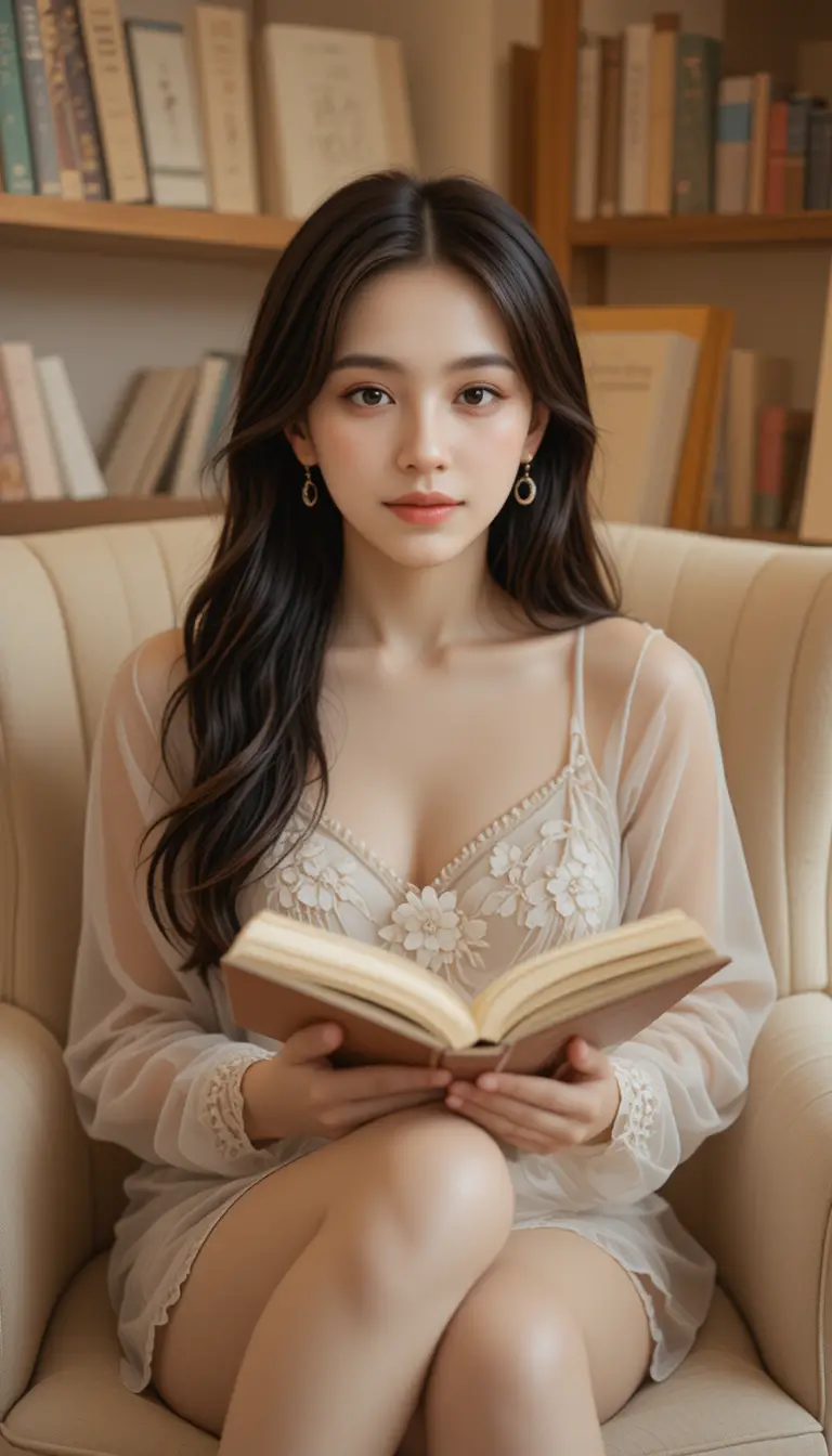 Young woman reading in a cozy armchair nook