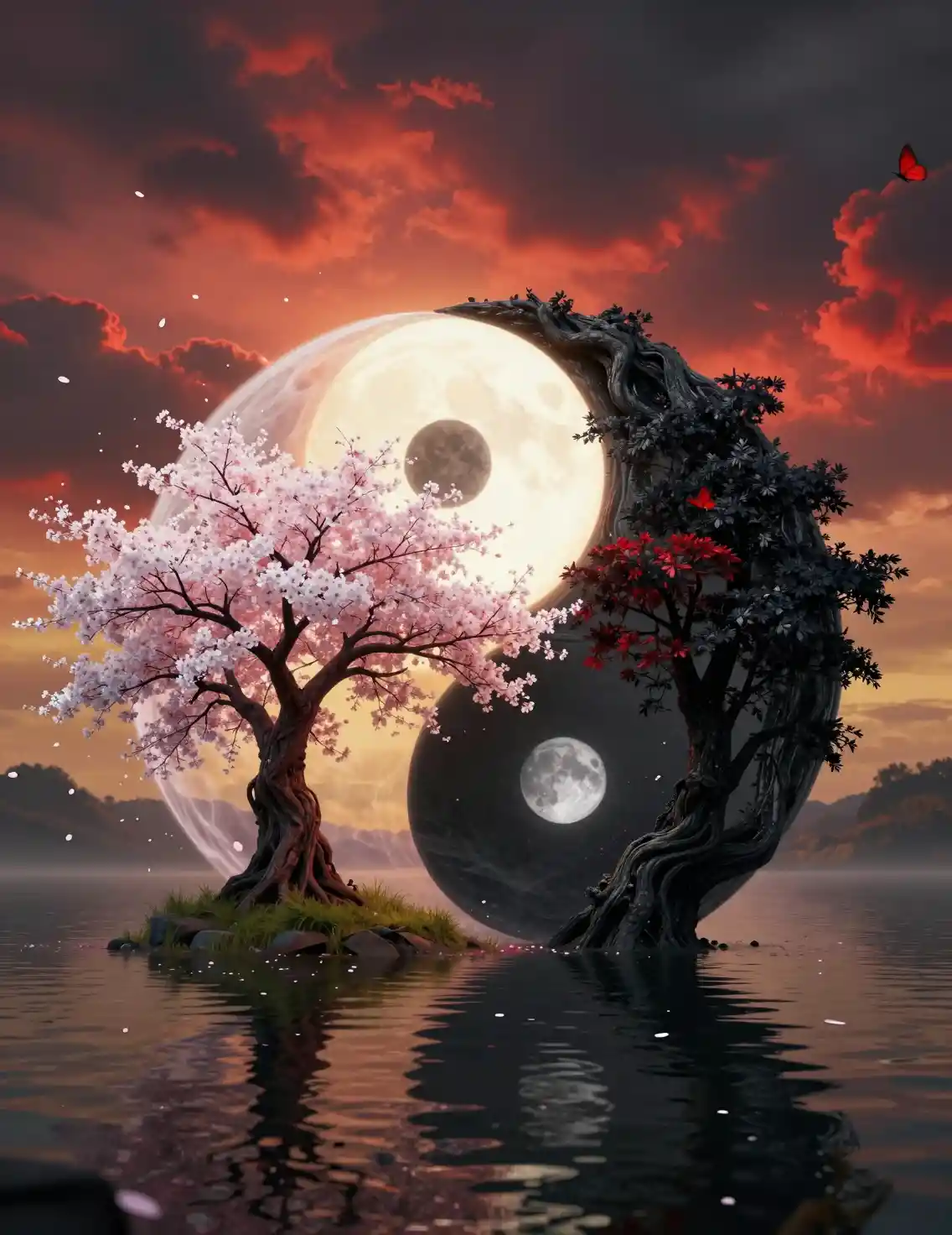 Fantasy yin yang trees in a twilight landscape