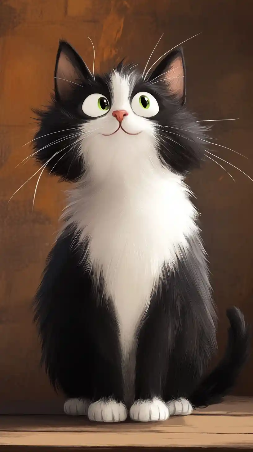 Cheerful cartoon black and white cat with funny expression