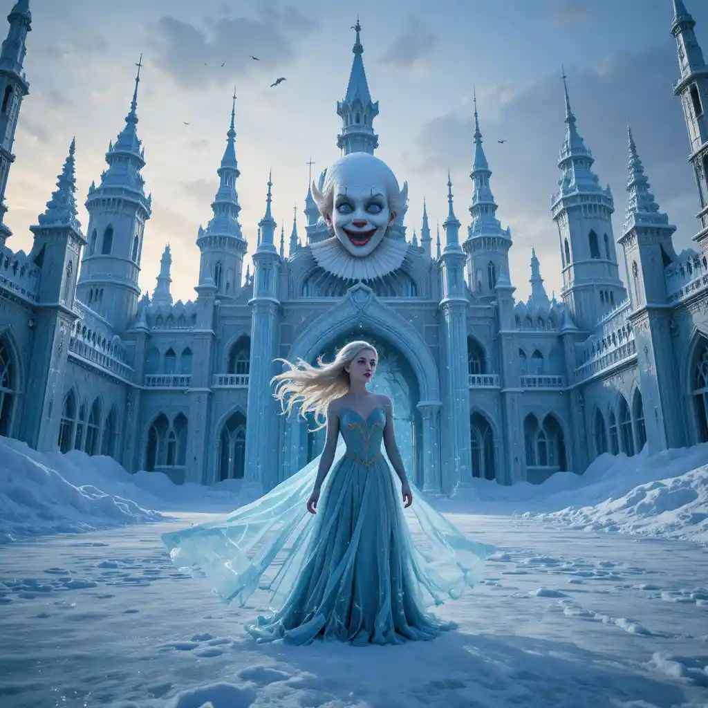 Ice princess standing in a towering crystal ice palace