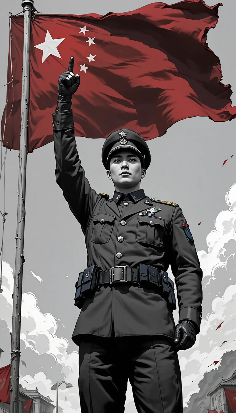 Chinese soldier under bold red flag with white star