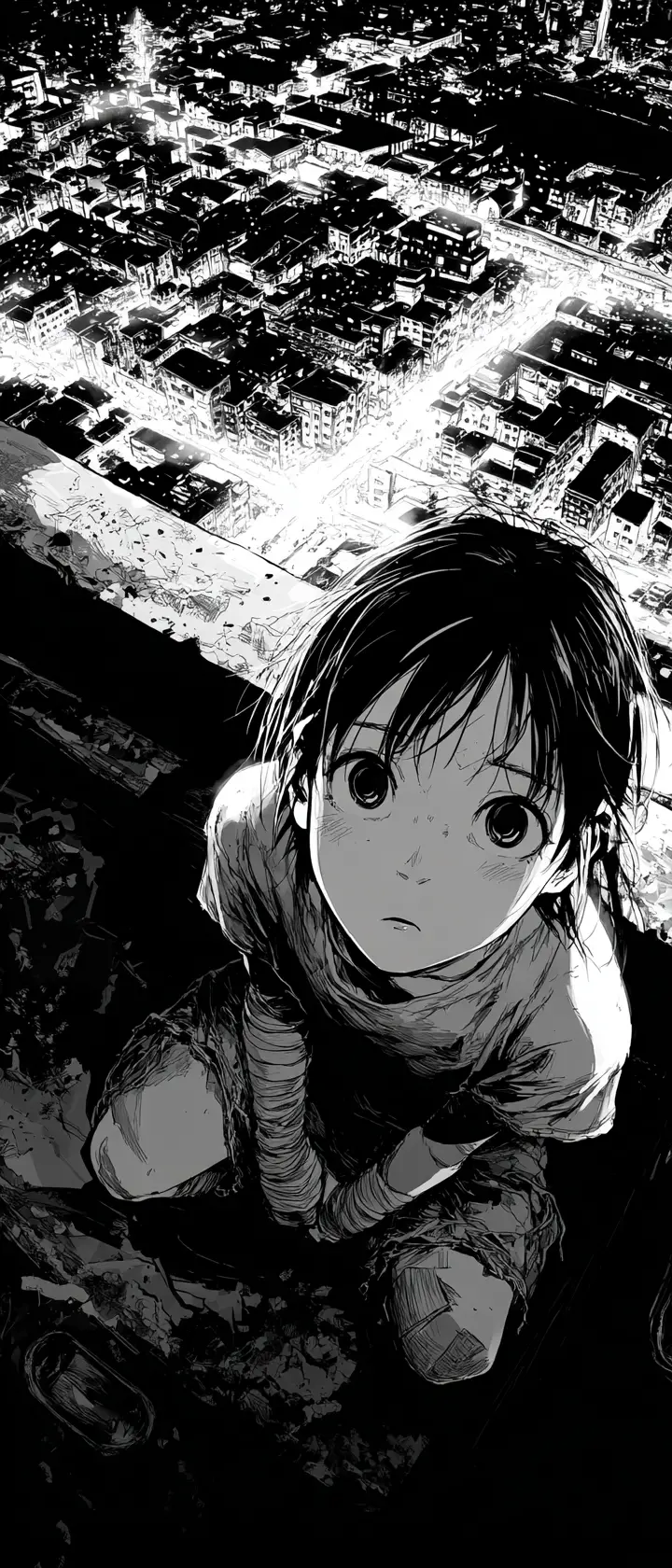 Terrified anime girl hiding on a dark city rooftop