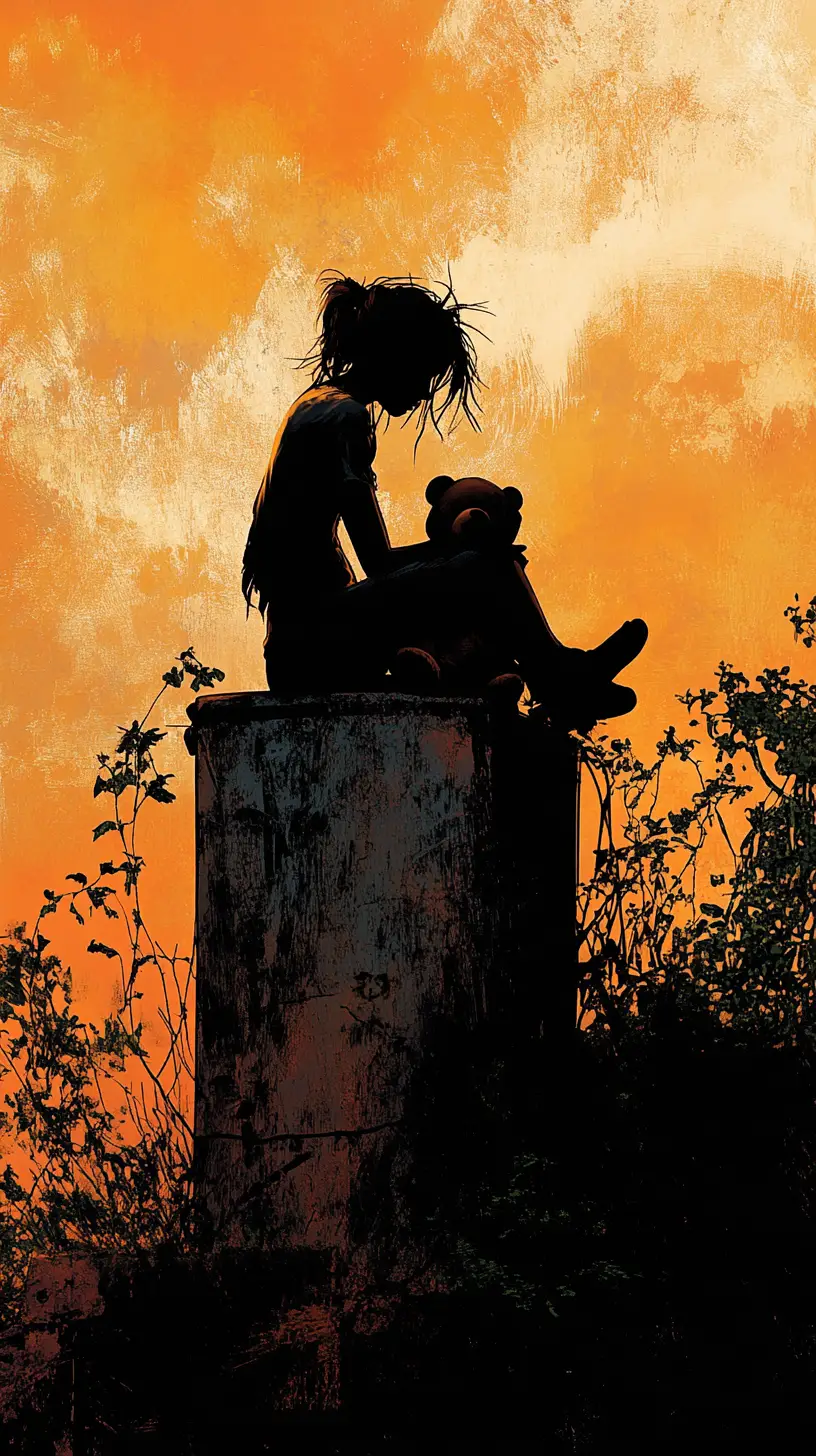 Crying girl on trash can in neglected urban backyard