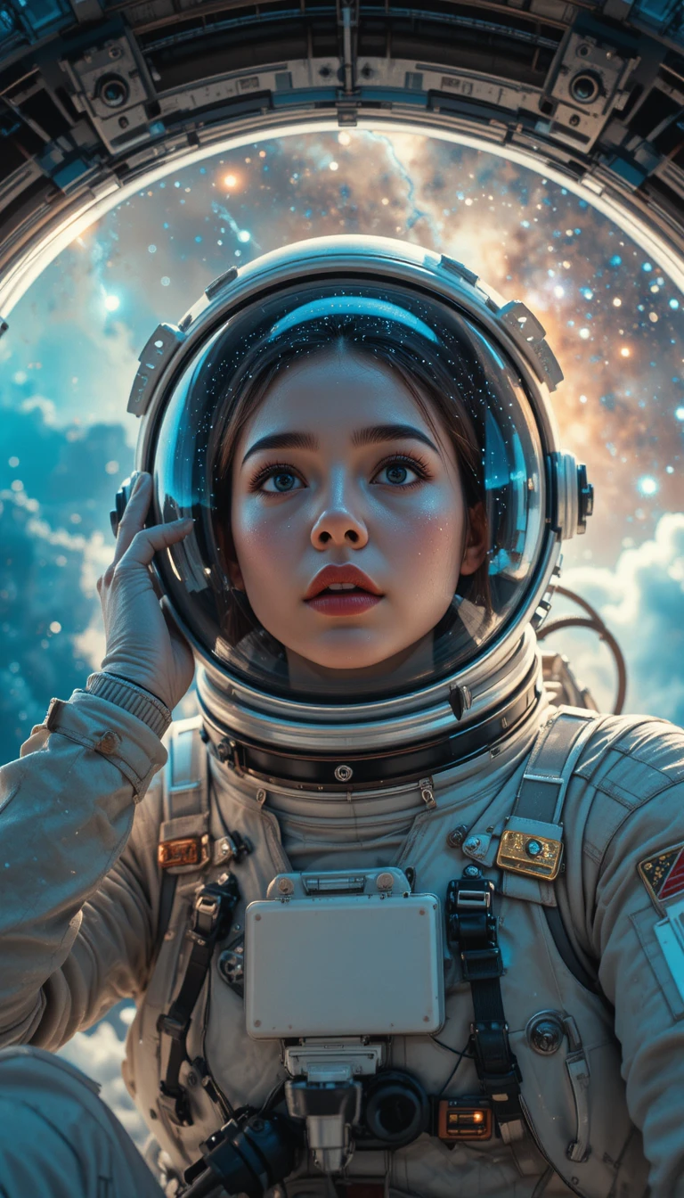 Astronautin blickt durch die Raumfahrtschleuse auf eine Nebelwolke