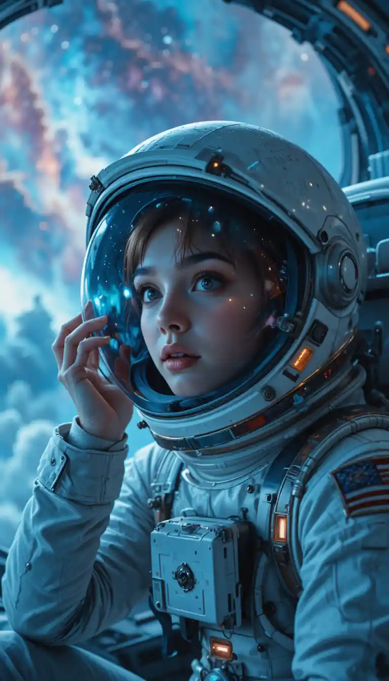 Astronauta donna che osserva una luminosa nebulosa cosmica all’esterno