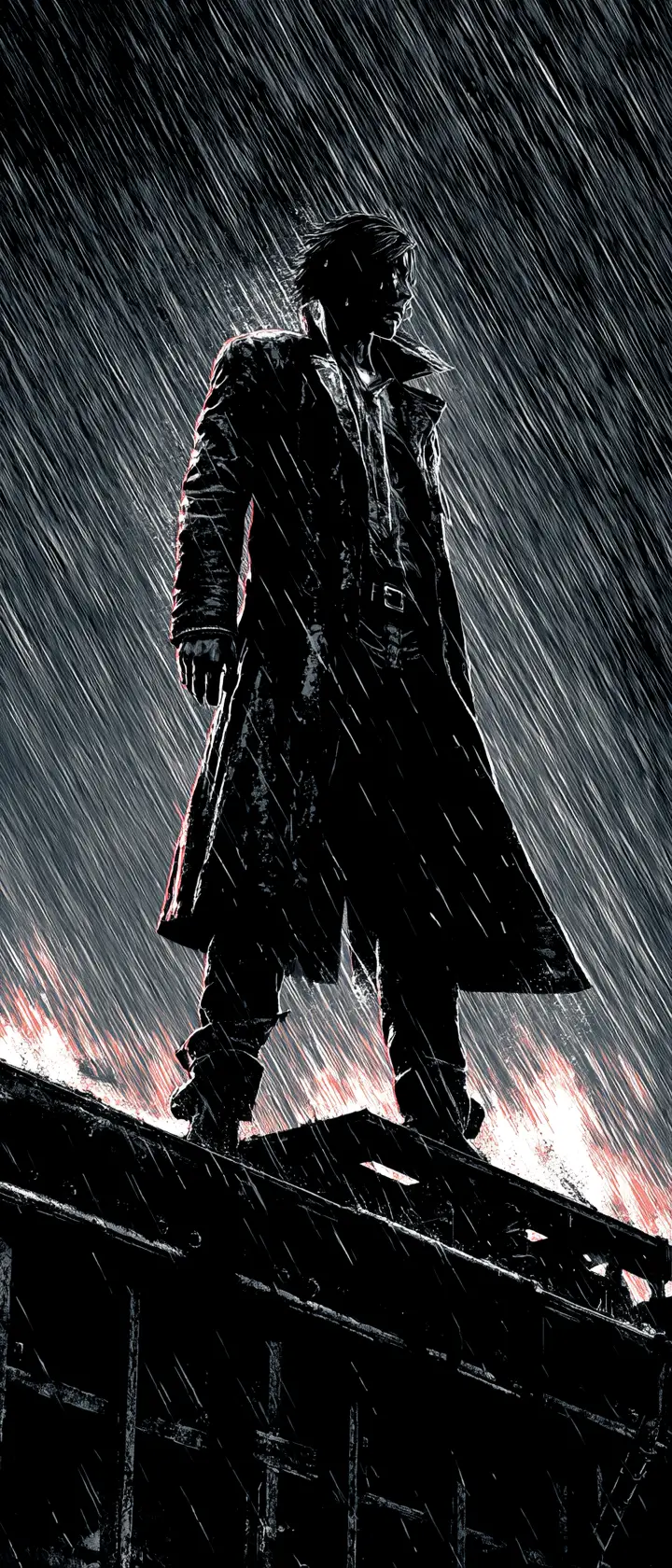 Wounded antihero on a stormy city rooftop at midnight