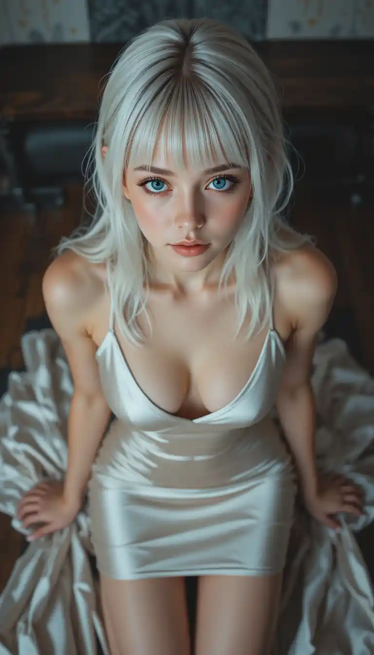 Top down view of a blonde girl in a silk mini dress