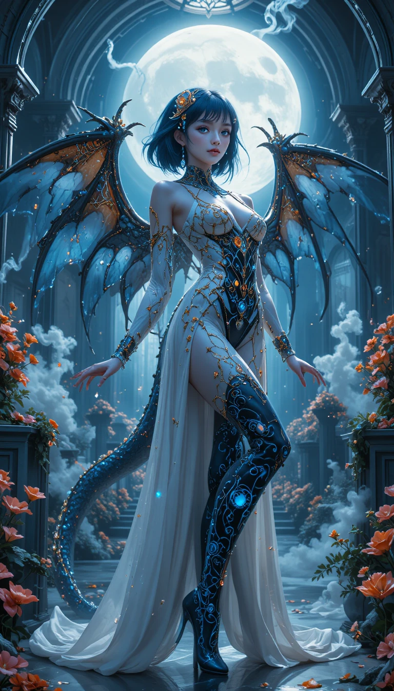 Mythical girl before a white palace and shimmering river
