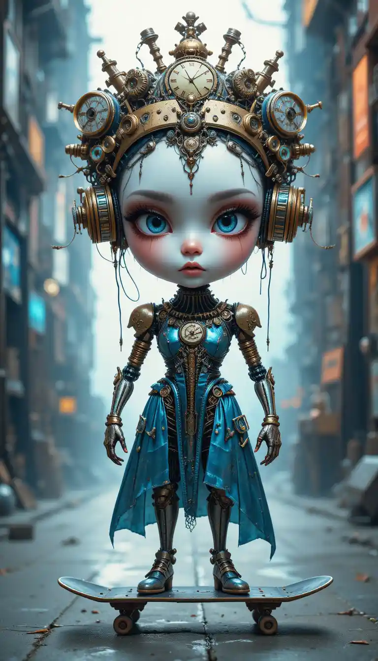 Steampunk-Cyborg-Puppe mit Porzellangesicht auf Skateboard