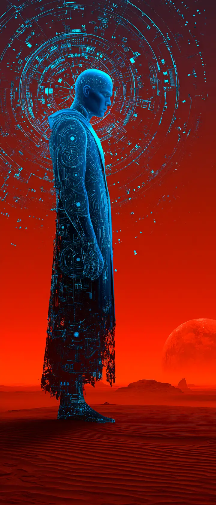 Blue cosmic figure standing alone on mars at twilight