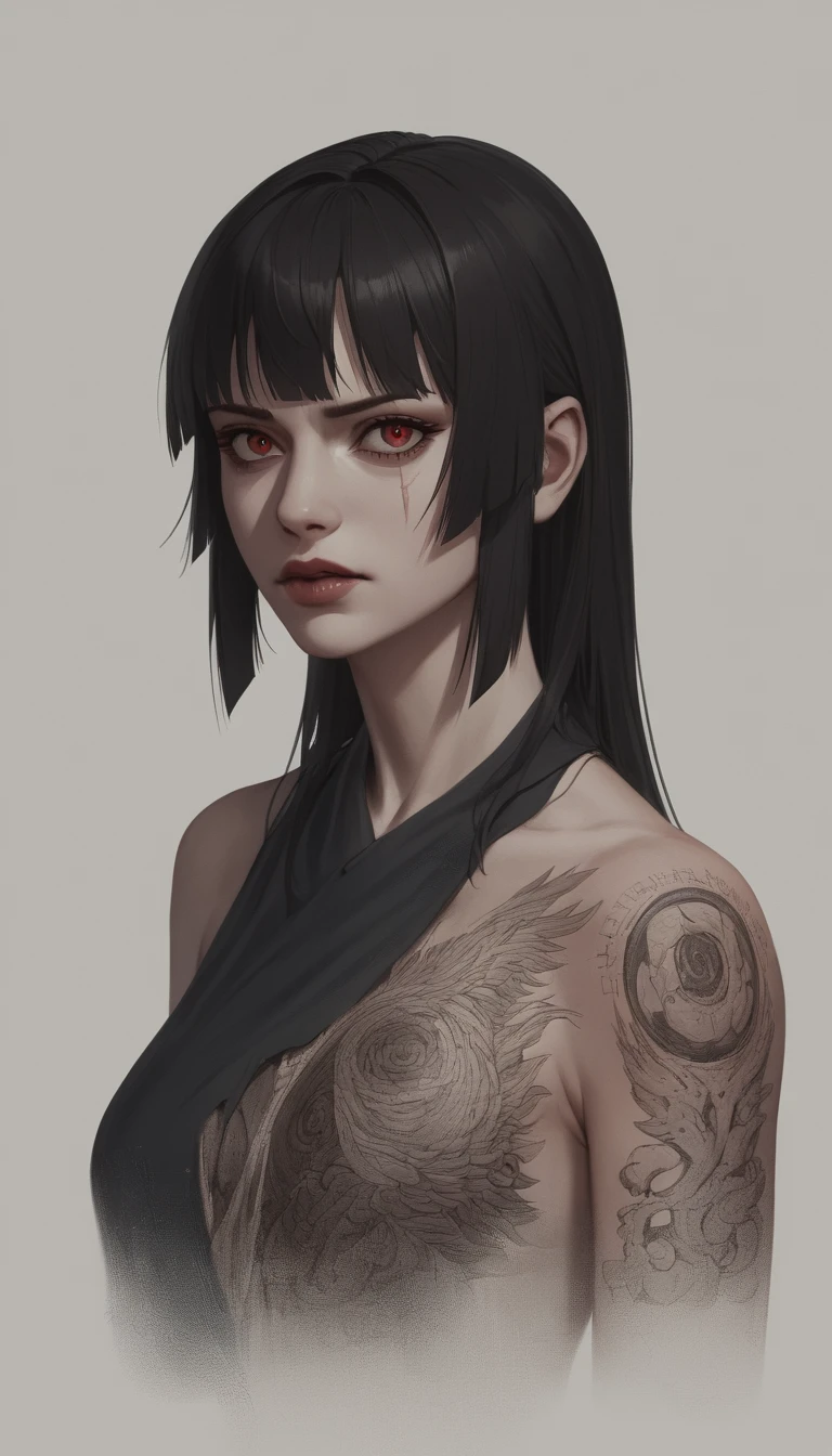 Scolara in stile anime con tatuaggi in un duro corridoio scolastico