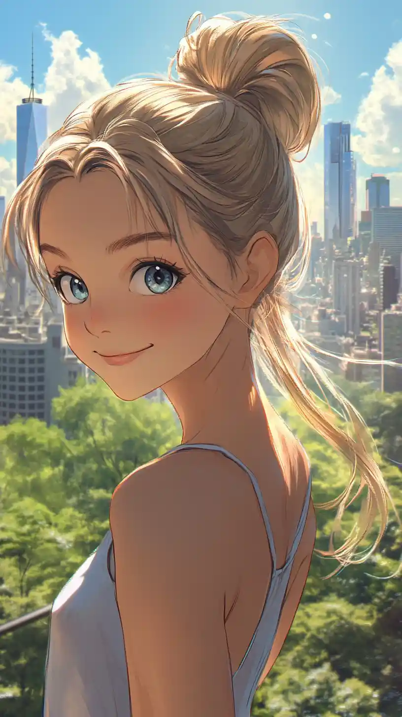 Smiling anime girl in summer dress with city skyline