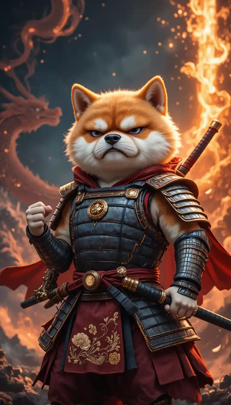 華麗盔甲中的暴躁柴犬武士在奇幻島嶼上