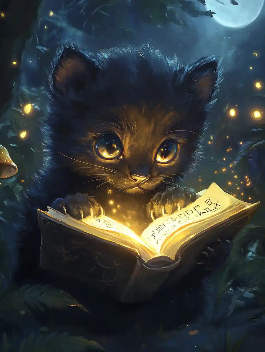 Cute black panther cub reading a glowing spellbook
