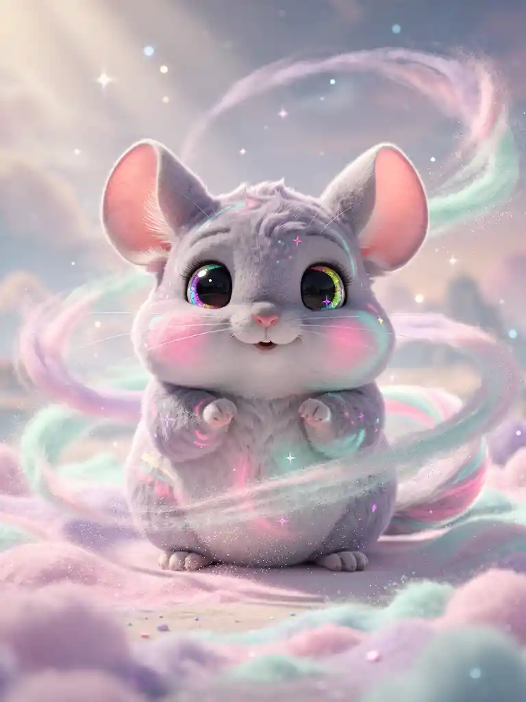 Adorable 3D baby chinchilla in pastel dust clouds