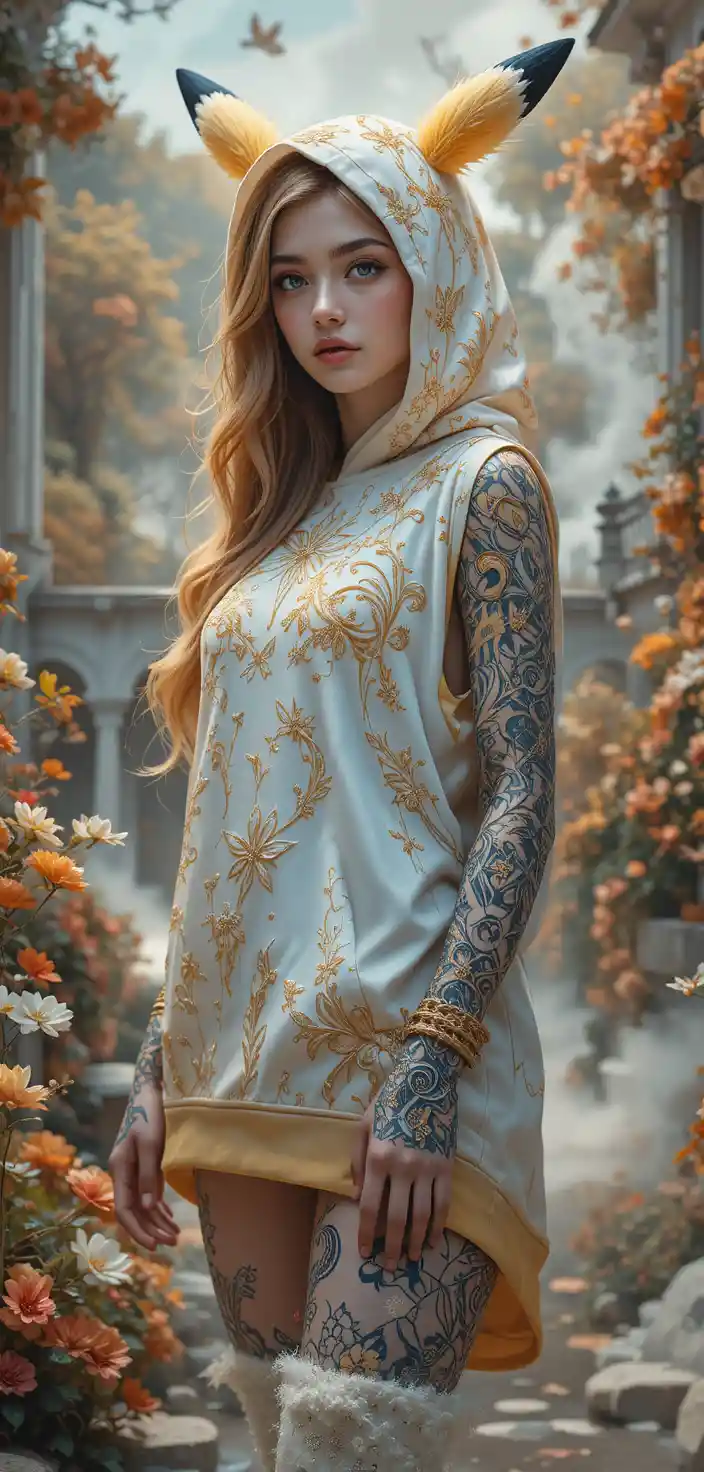 Fantasy girl in white hoodie within a soft spirit realm